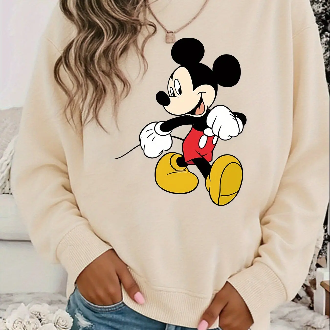 

Disney Mickey Mouse Pullover Sweater Fashion Oversized Unisex Crew Neck Sweater Autumn and Winter Fleece Casual Street Wear