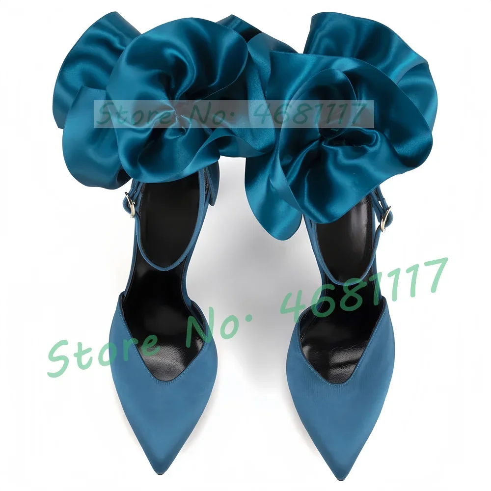 Blue Flower Decal Satin Sandals Women Stylish Ruffles Pointed Toe Party Shoes Female Large Size Summer Buckle Ankle Strap Shoes