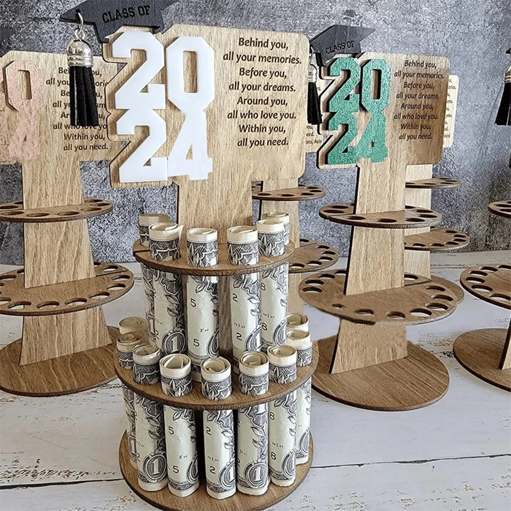 Wooden Decorative Money Holder with 25 Holes Graduation Hat Decor Money Holder for Anniversary Birthday Decor