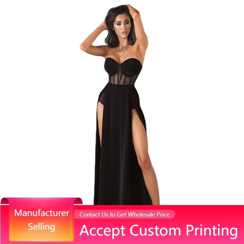 

Evening Dresses Strapless Sexy Off Shoulder High Side Split Elegant Dresses See Through Black Casual Midi Long Corset Dress