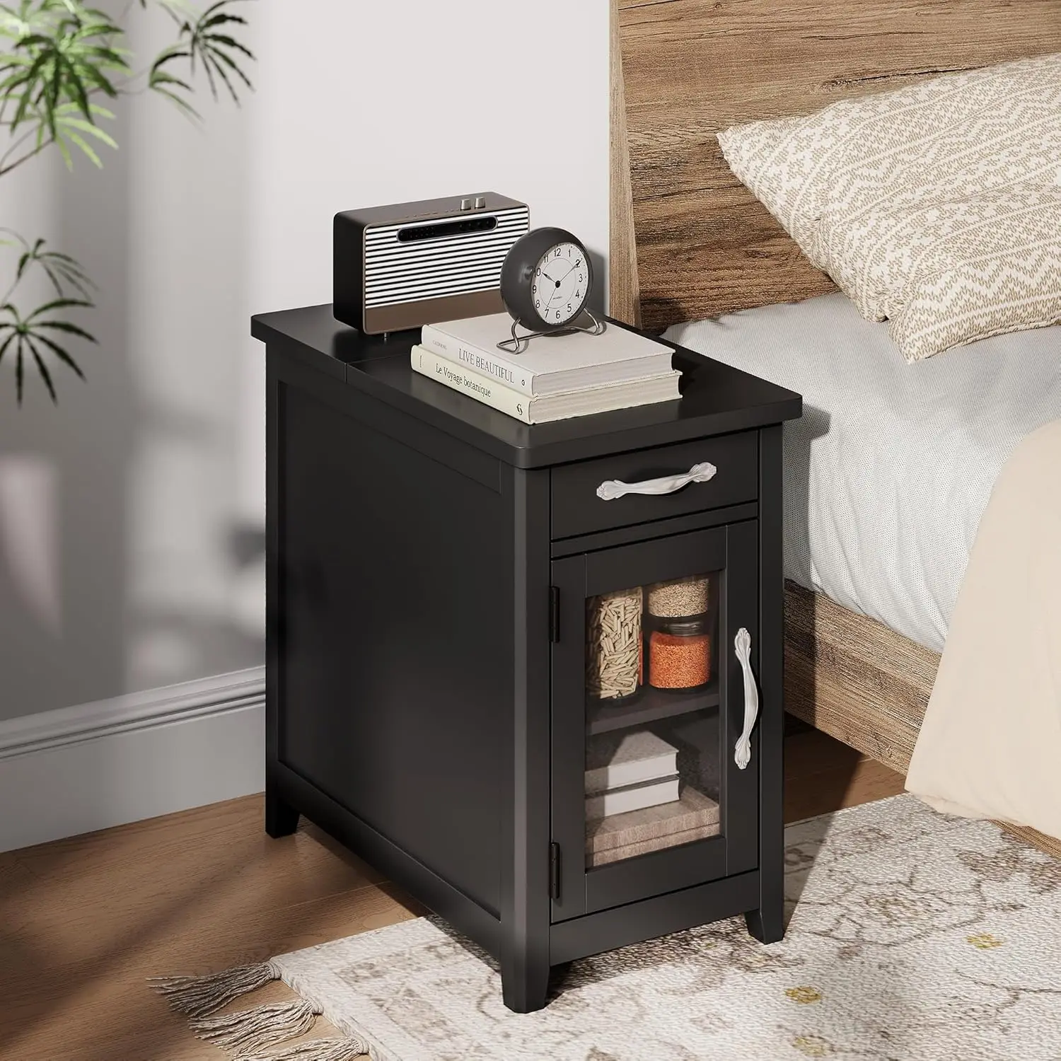 LINSY HOME End Table with Charging Station, Side Table for Bedroom with Drawer and Detachable Holder, Storage Shelf with Glass