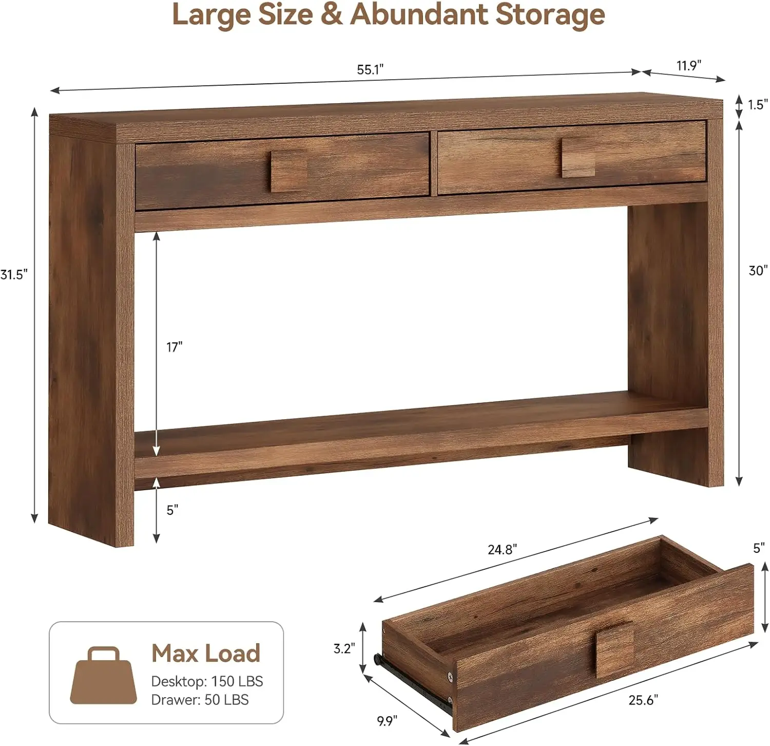 55‑Inch Narrow Console Sofa Table with Storage Drawers and Open Shelves, Long Behind‑Couch Accent Table for Entryway, Hallway, Foyer and Living‑Room