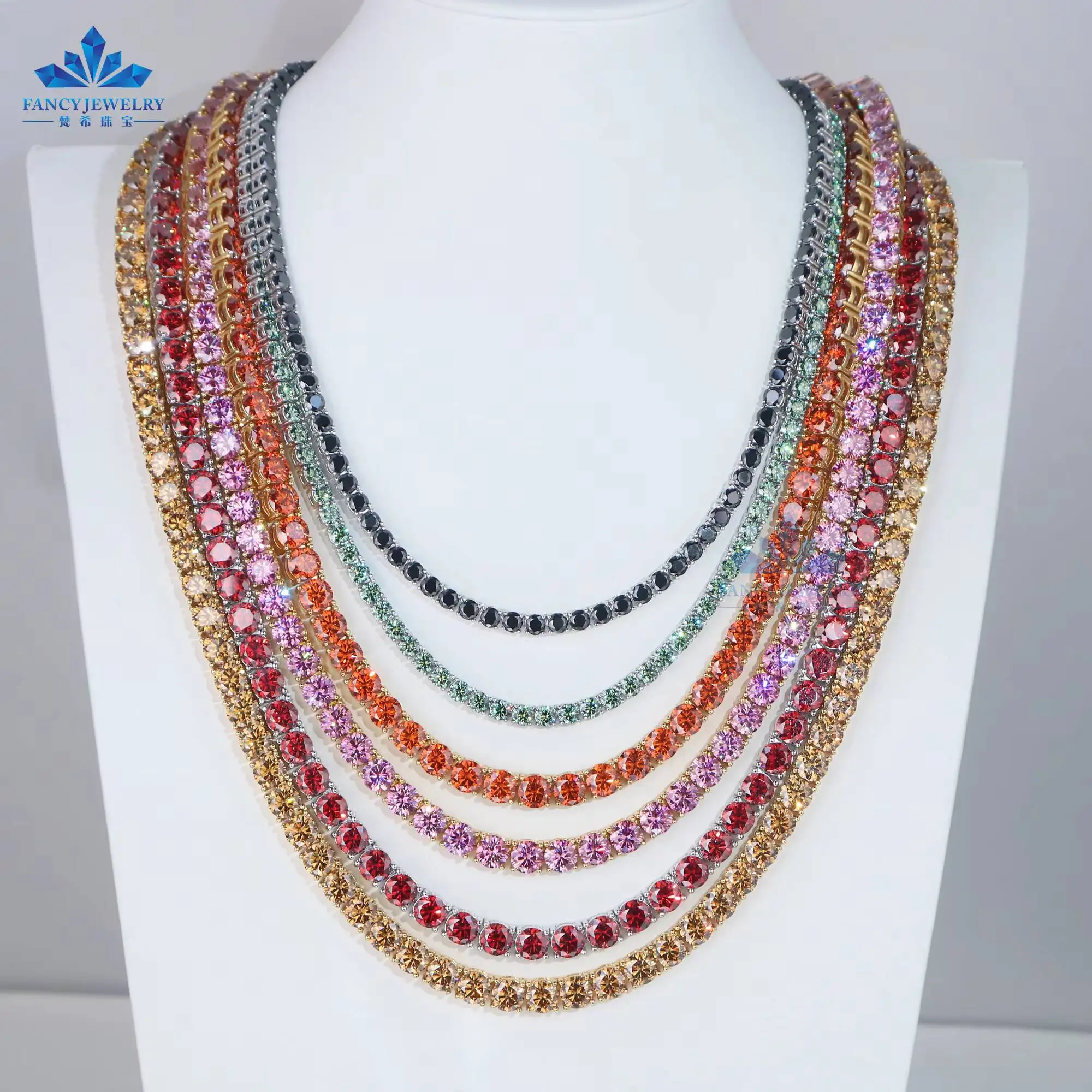 Fashion Jewelry 6.5mm Moissanite Diamond Red Garnet Yellow Pink Green Blue Black Color Diamond Tennis Necklace Chain