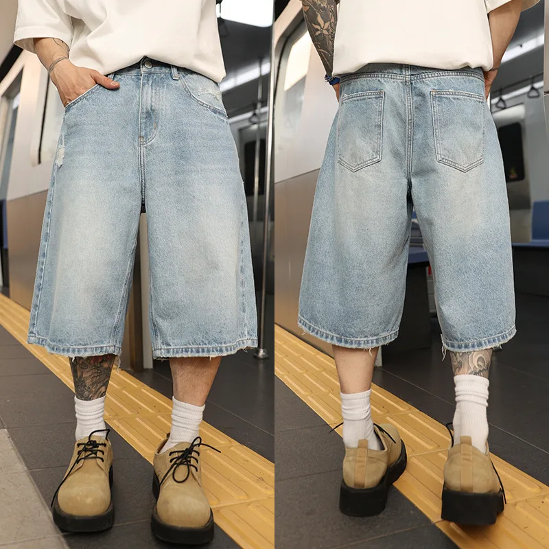 

Bleached Jeans Denim Men Wide Leg Jean Knee Length Pants Washed High Waist Distressed Pockets Vintage Zipper Fly Summer