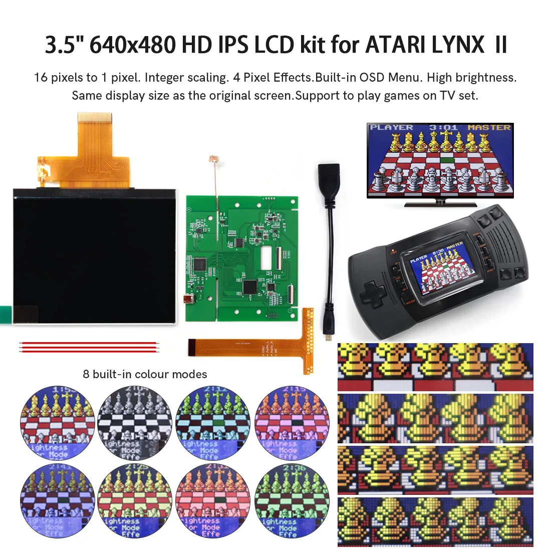 Kit de Reemplazo de Pantalla LCD HD IPS de 3.5 Pulgadas 640*480 con Control Táctil OSD Retro Pixel para Atari LYNX 2rd