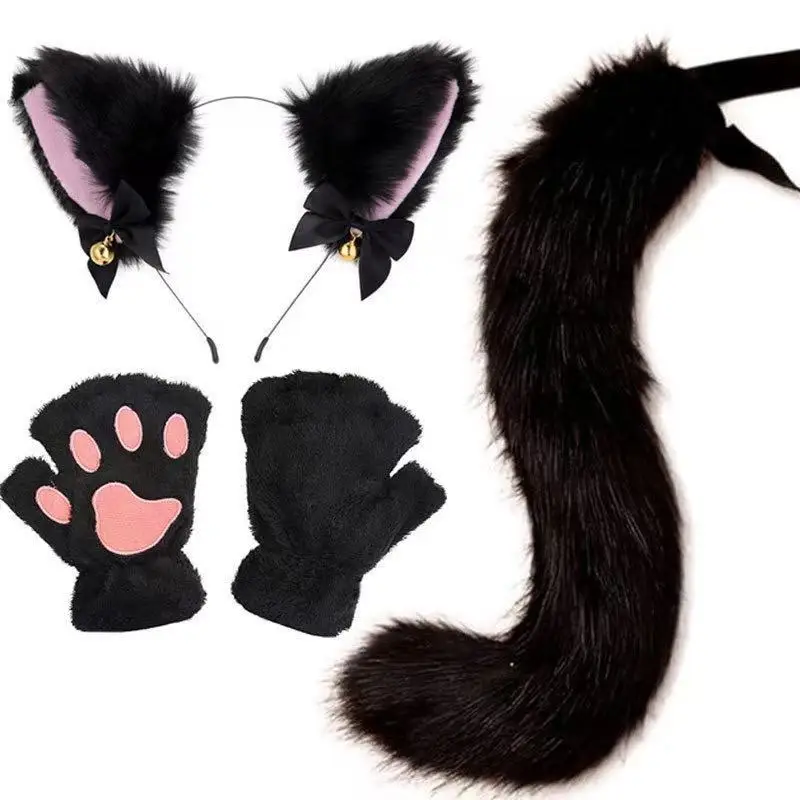 Handgefertigte Katzenohren-Glocken-Stirnband- und Schwanz-Accessoire-Sets, schwarz, pelzig, für Halloween, Cosplay, Party, Tanz, Performance, Bekleidung, Kostüm-Requisiten – Detail 6