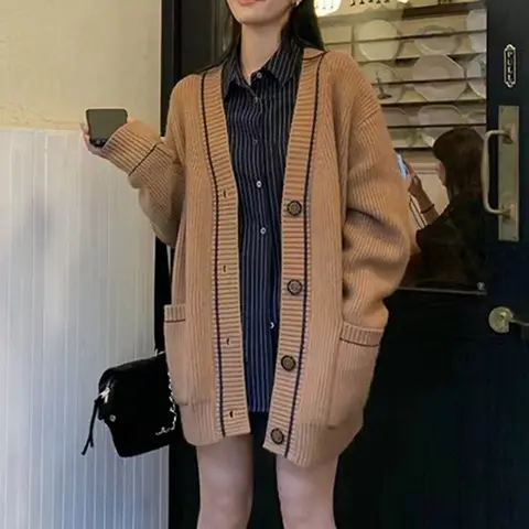 여성용 다크 브라운 가디건, 아늑한 니트 긴팔 단추 업 포켓 프론트 롱 스웨터 재킷, 십대 소녀 대표팀 가을 겨울 복장