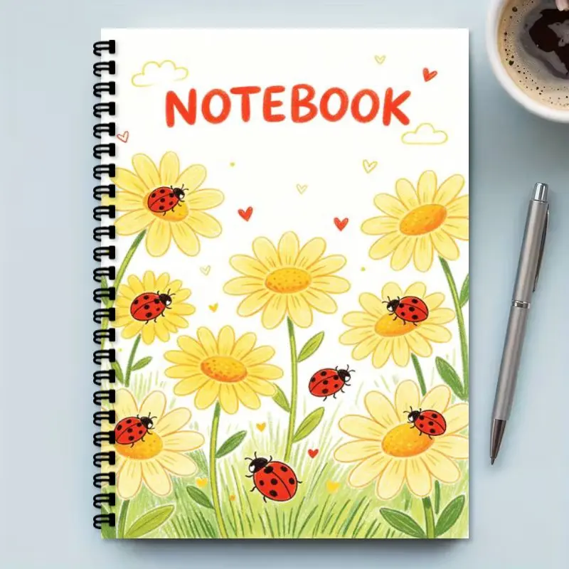 A5 Spiral Notebook Cute Yellow Daisy Ladybug Print Office Stationery Daily Planner Birthday Gift for Animal Enthusiasts Suitable