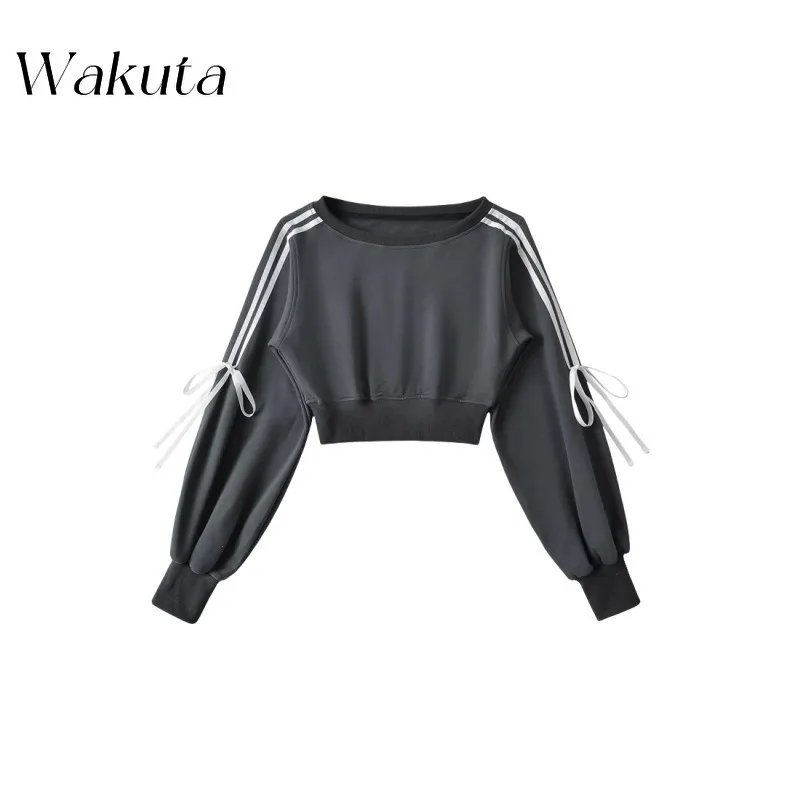 WAKUTA Korean Autumn Style Diagonal Shoulder Pullover Hoodie Niche Long Sleeved Patchwork Bow Tie Loose Waist Tanks コダック ポケモン