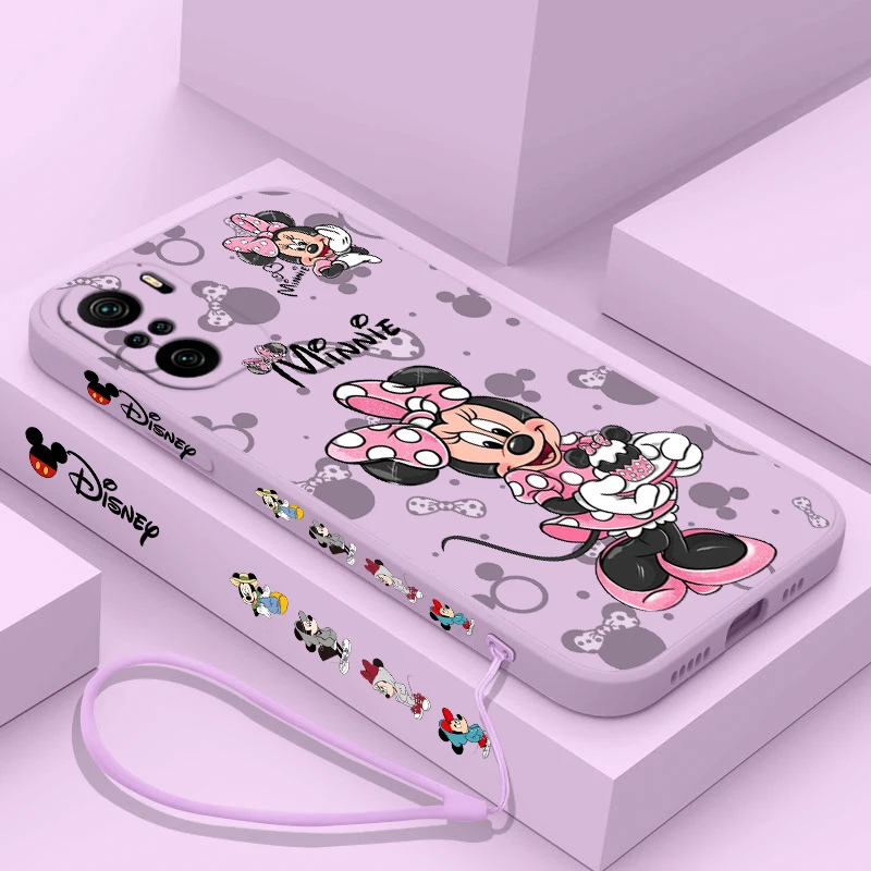 Disney Cute Minnie Pink For Xiaomi Redmi Note 13 12 12Pro 11 11S 11T 10S 10 Pro Plus Liquid Left Rope 5G Phone Case