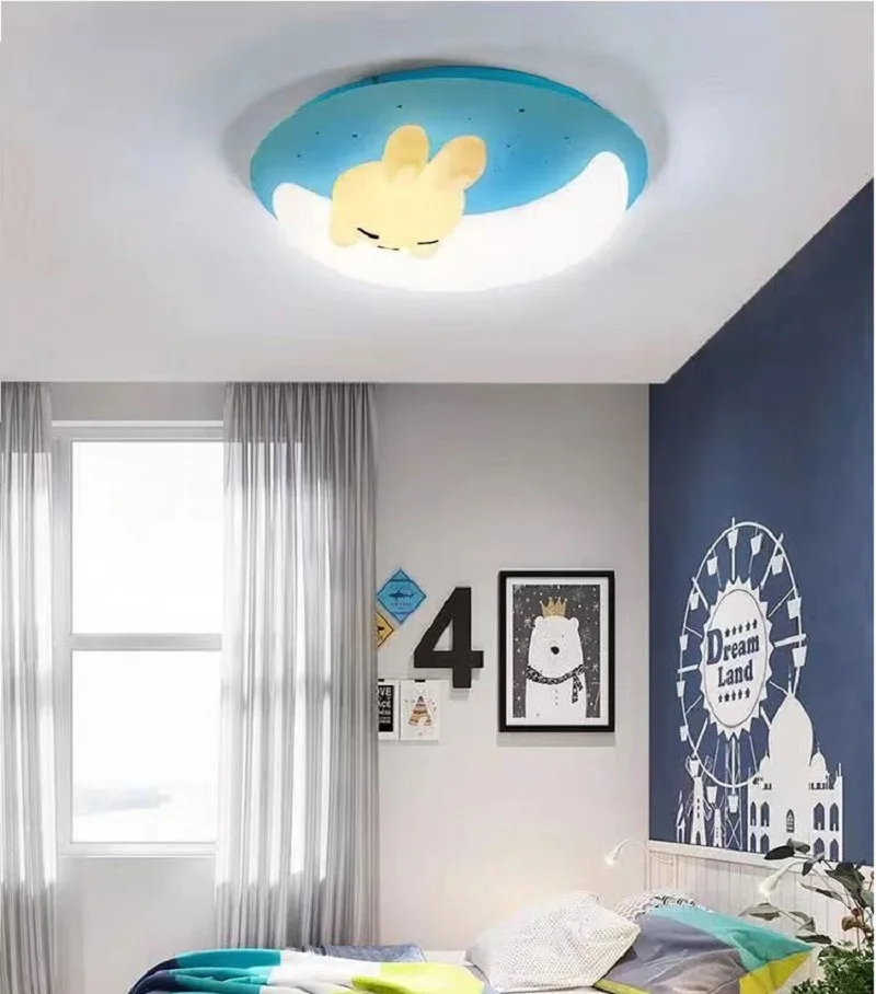 LED Children\'s Room Ceiling Light Cute Cartoon Rabbit Moon Lamp for Bedroom Boys Girls Kid Pink Blue Tricolor Adjustable Decora