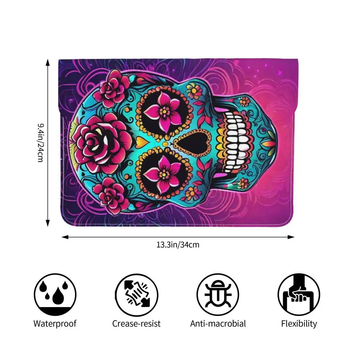 Mexican Sugar Skulls And Flowers PU Leather Horizontal Laptop Sleeve Shockproof Soft Lining Notebook Case 13 Inch