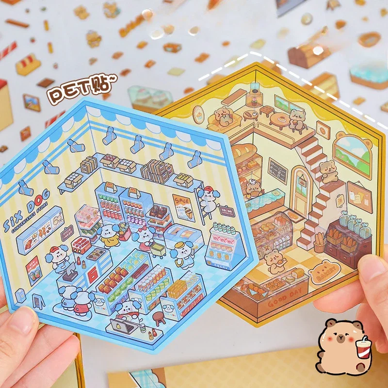 Cute Sweet Cartoon Landscaping Stickers Capybara Rabbit Bear Scene Student Decor Visual Scrapbook