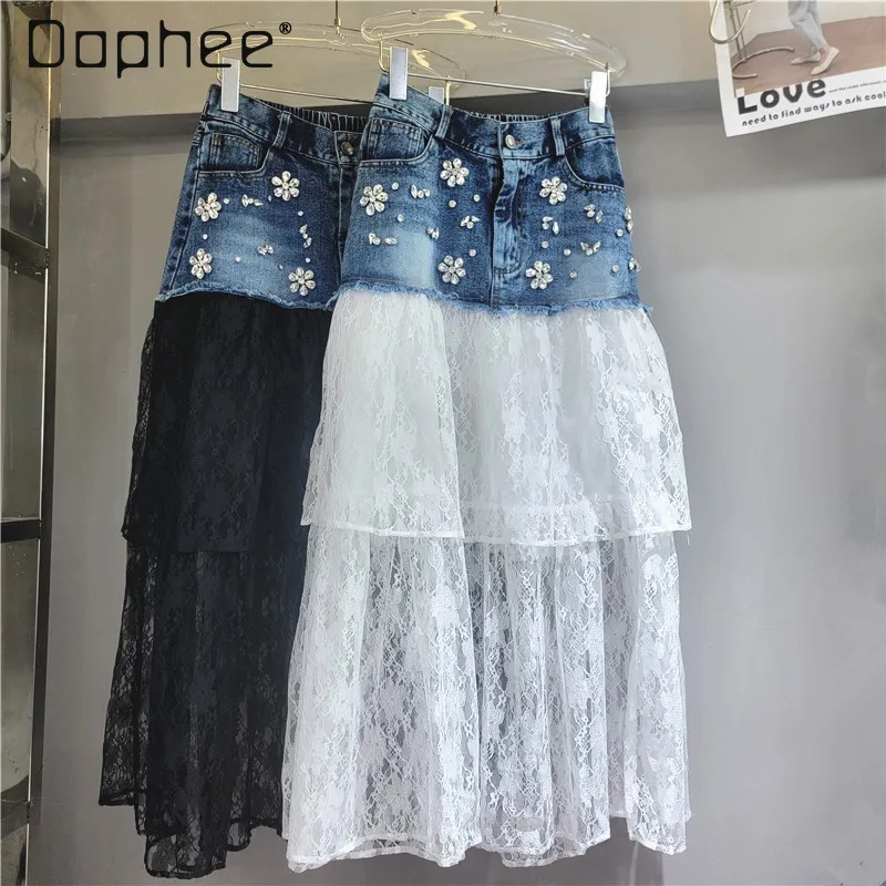 

Heavy Industry Diamond Design A Line Cake Skirt 2026 Spring Summer New Women's Skirt Loose Lace Splicing Denim Skirt