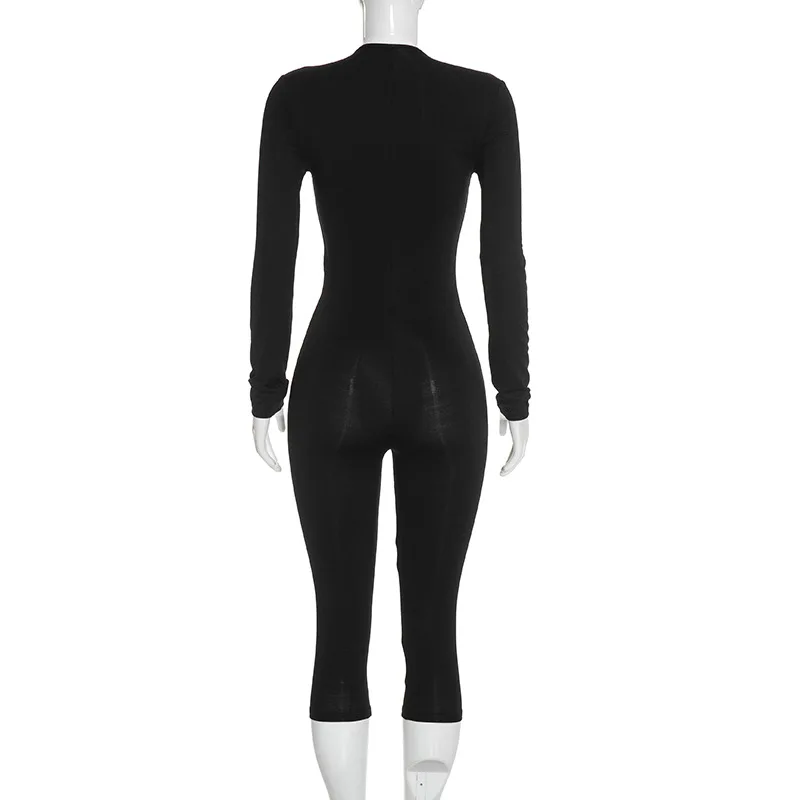 Schwarzer sexy, figurbetonter Jumpsuit mit tiefem V-Ausschnitt und Schnürung vorne, Damen-Jumpsuit mit langen Ärmeln, hochelastisch, figurbetont, Capri-Jumpsuit, Nachtclub-Party-Outfit – Detail 10