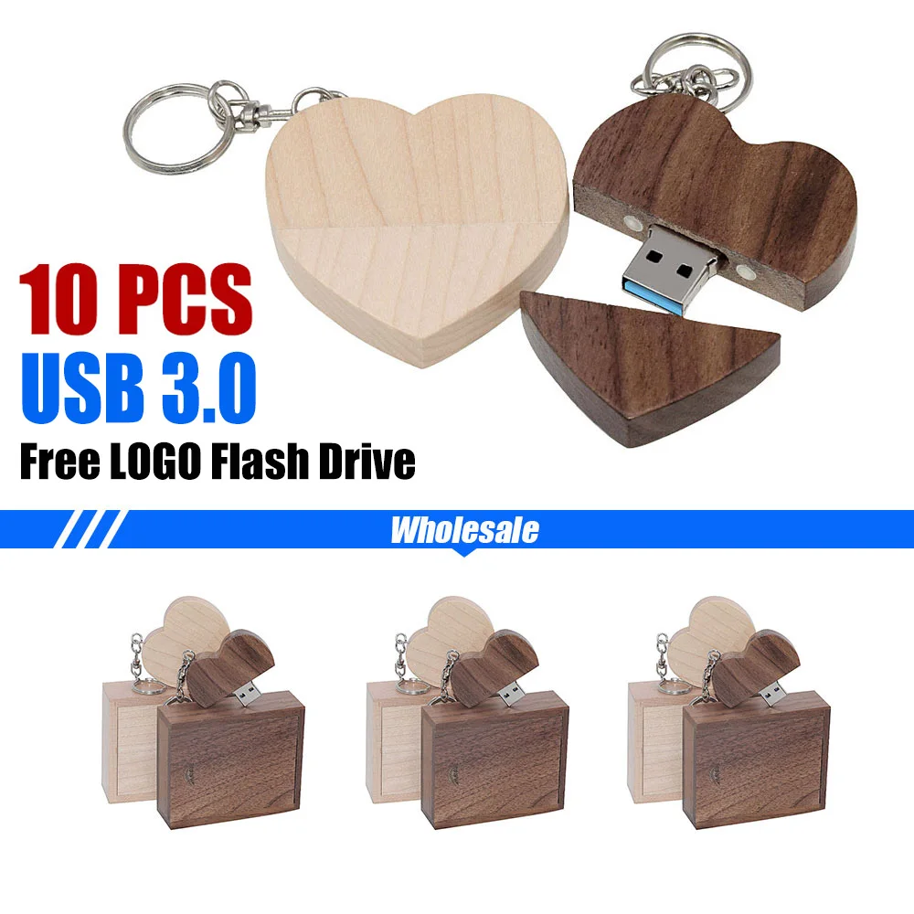 10pcs/lot Free Logo maple Wooden Heart USB 3.0 128G USB Flash Drive Pendrive 64GB 32GB 16GB 8GB U Disk Photography Wedding Gifts