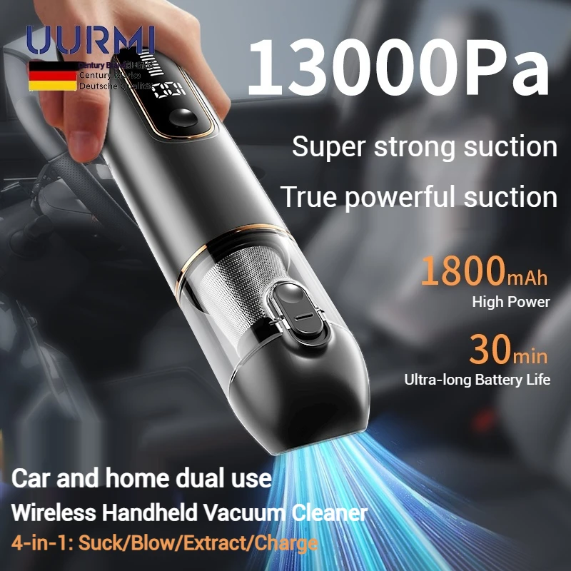 

Uurmi 13000Pa 4-in-1 Cordless Vacuum: Lcd Display, One-Touch Empty, Super Suction & Blow for Car/Home/Office