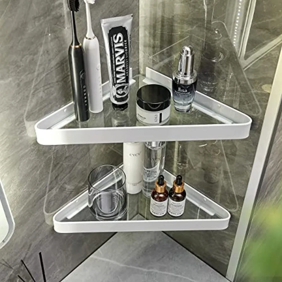 

Bathroom Shelves Wall Mounted Glass Corner Shelf for Bathroom Floating Shelf Tempered Glass Wall Organizer 2-Tier White