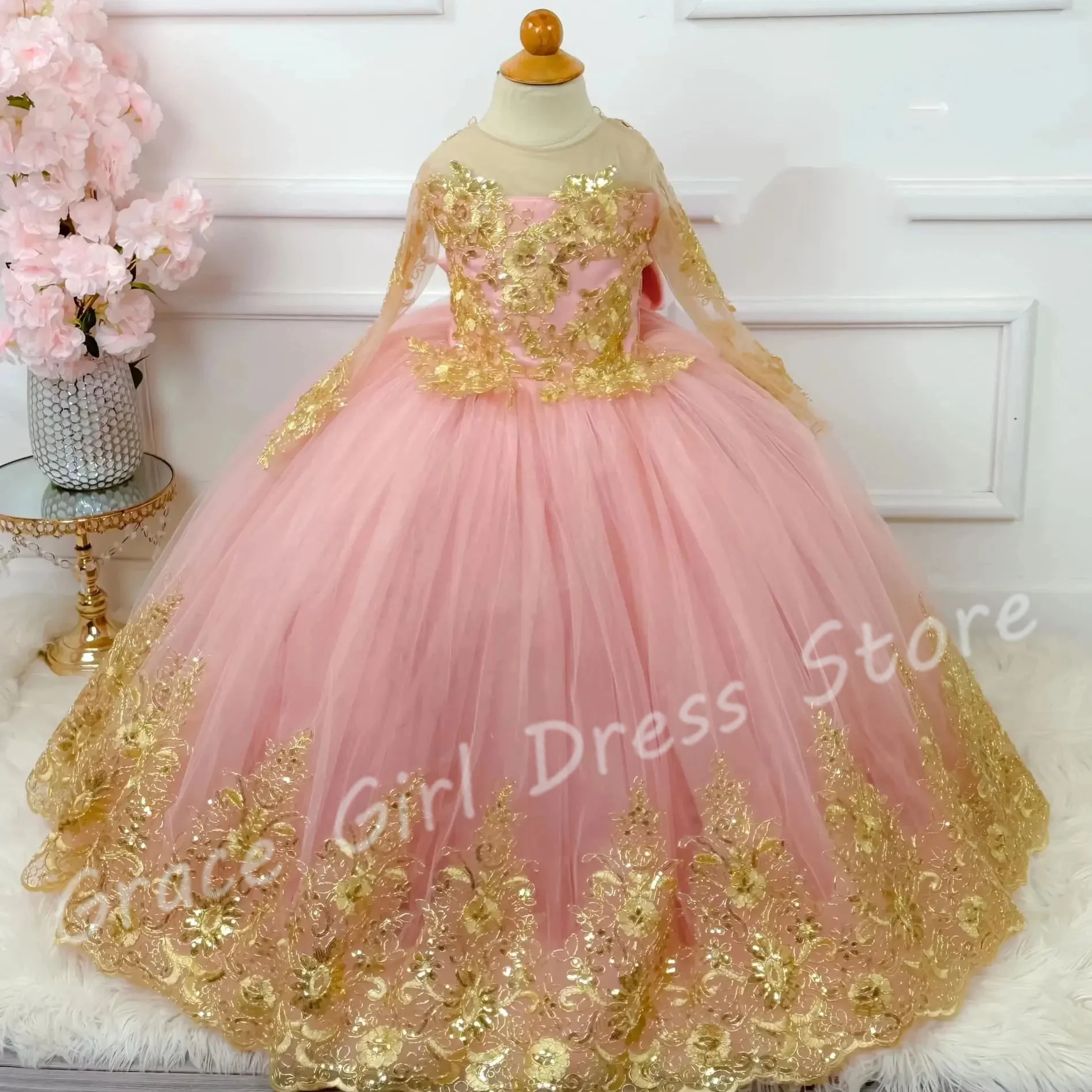 

Customized Blush Pink Flower Girl Dress For Wedding Gold Appliques With Bow Full Sleeves Elegant Princess First Communion Gown