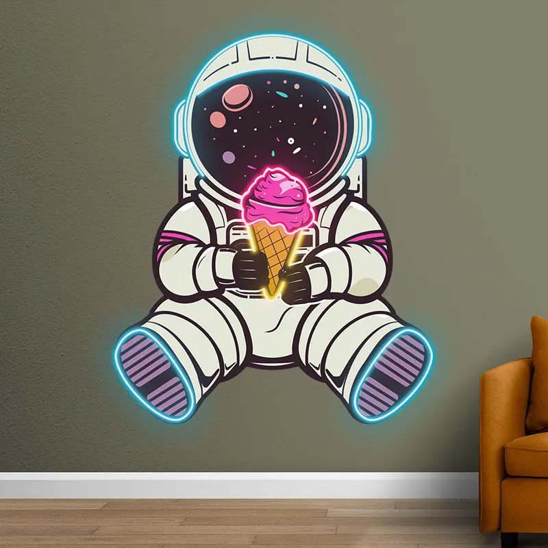 Spaceman Neon sign Lights - LED Lighting, sitting hand holding ice cream, starry night design, creative home decor, perfect gift