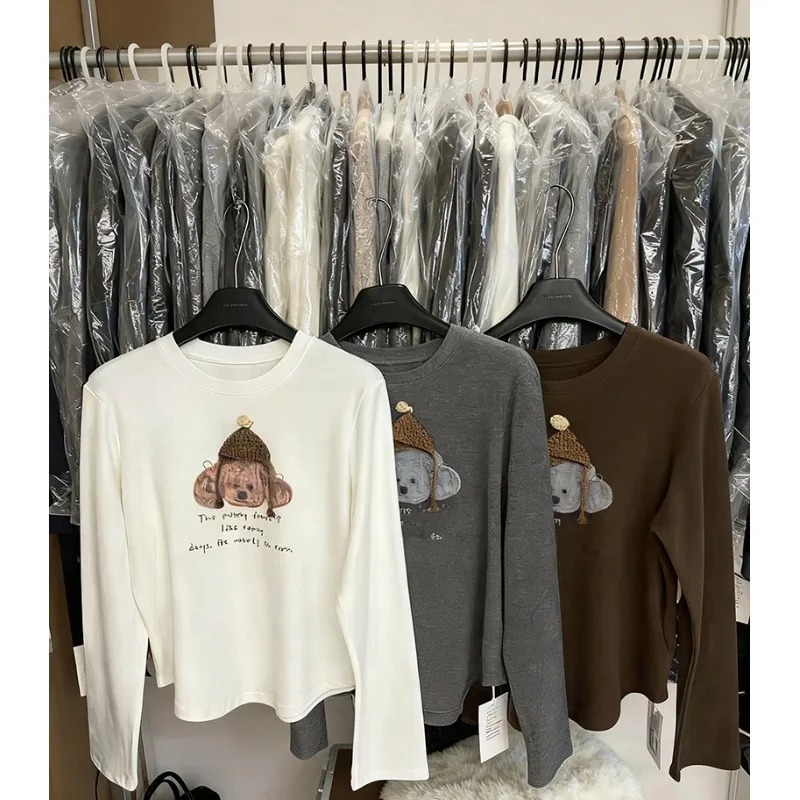 

Autumn Winter New Sle Long Sve T-irt Women's Warm Base Layer Dog Print Casual Loose Fit round Ne Top