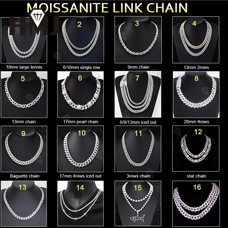 كامل الحجم بيع 2-6.5 مللي متر مويسانيتي سوار قلادة للنساء الذكرى فضة الذهب رجل تنس سلسلة الهيب هوب الموضة