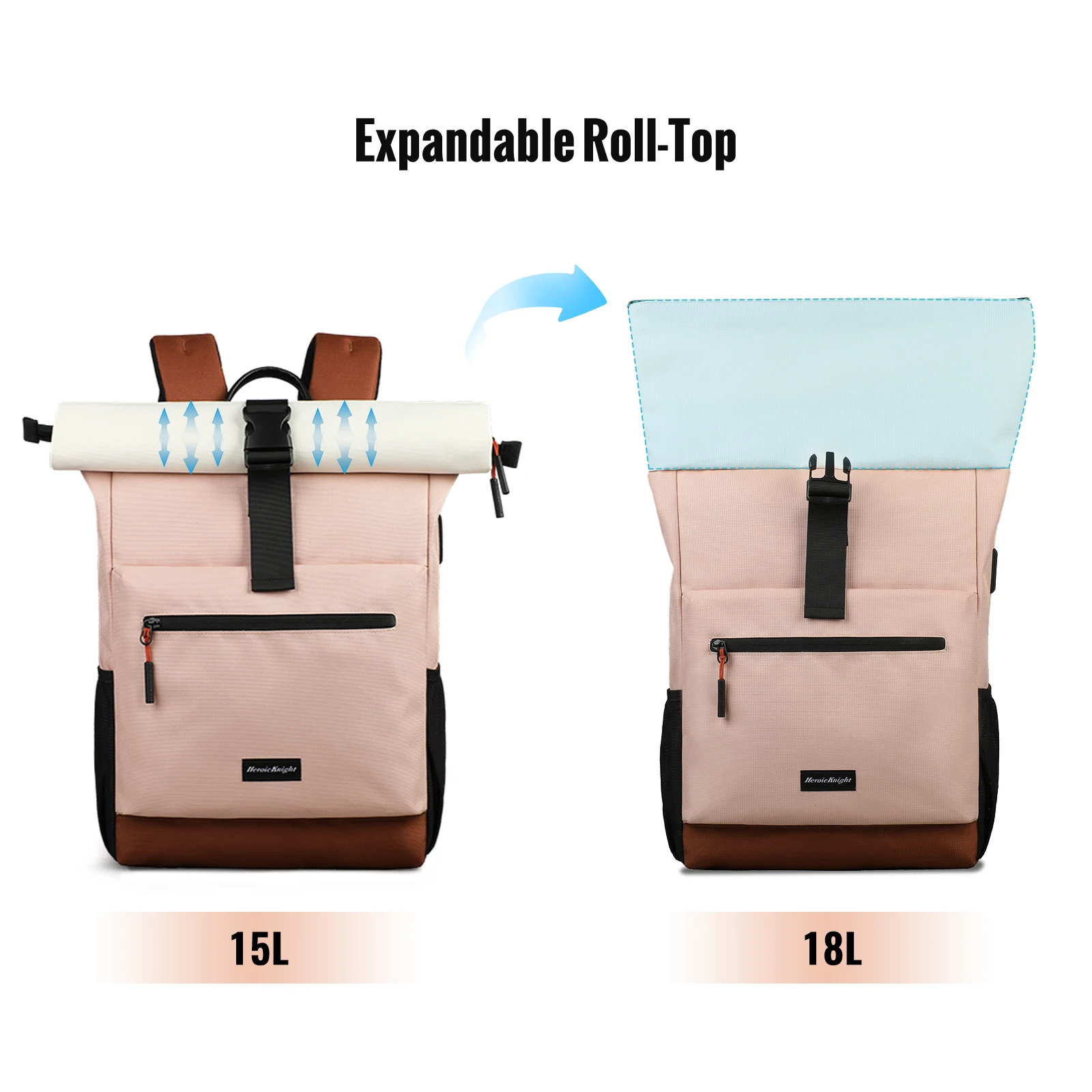 Heroic Knight Roll-Top Backpack For Women Waterproof Travel Backpack Expandable 15.6