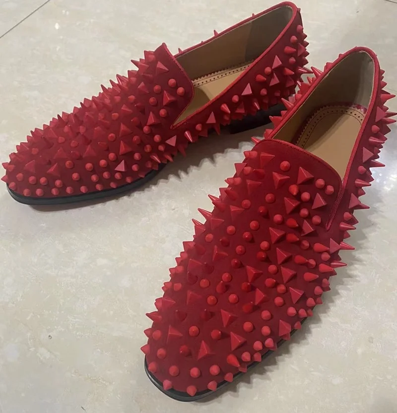 Luxury Red Suede Man Shoes High Quality Spiked Loafers Dress Shoes Men Slip On Party And Wedding Shoes