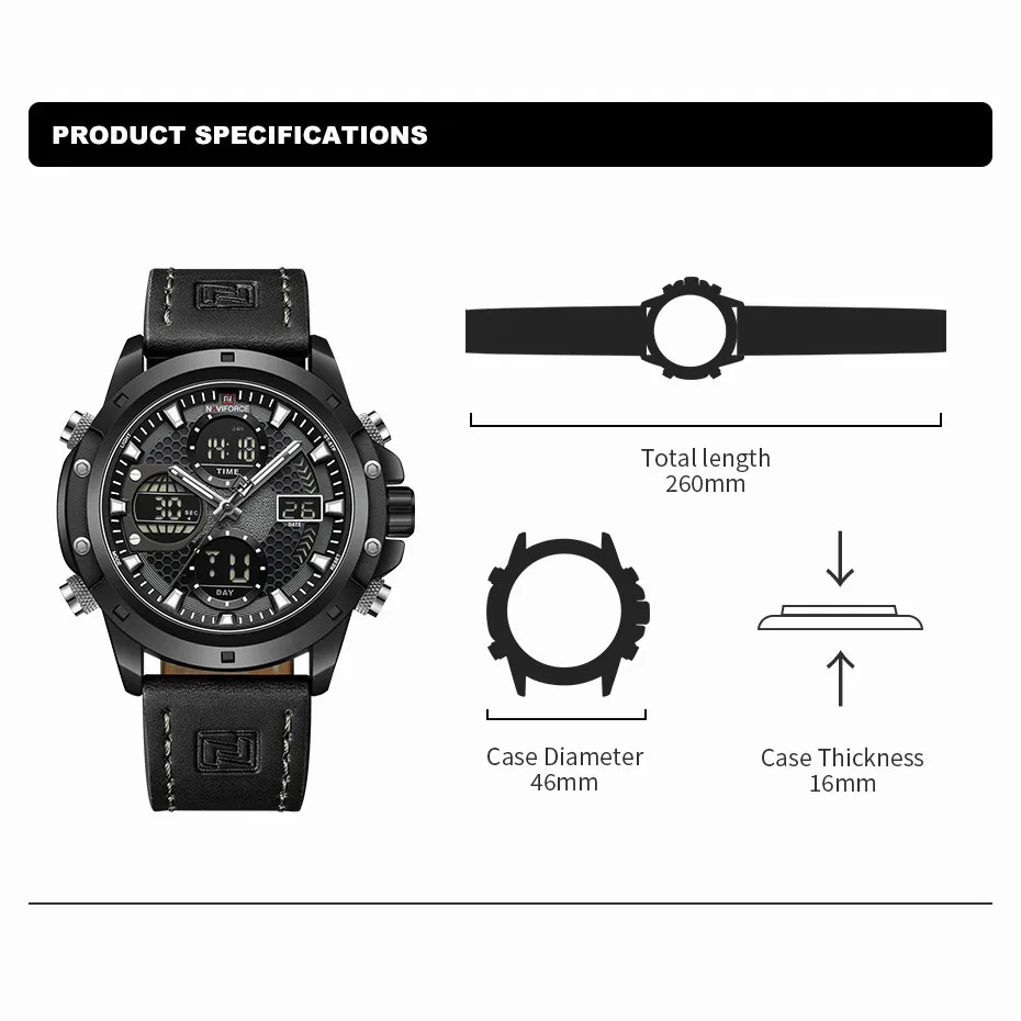 NAVIFORCE Men Sport Watch Fashion Genuine Leather Strap Dual Display Wristwatch Waterproof Chronograph Alarm Clock Reloj Hombre