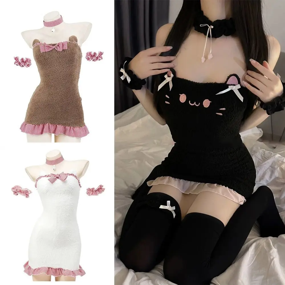 Sweet Black Cat Plush Dress Unifrom Cute Bow Design Outfits Cosplay Costumes Low Back Waiter Maid Clothes Pet House