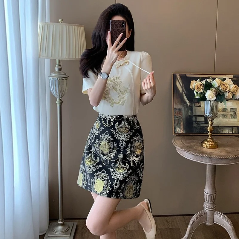 

Ele Casual Embroidered T-irt Skirt Set Slimming Effect Summer New Sle Two-Piece Women's Faion Ensemble Polyester Fiber