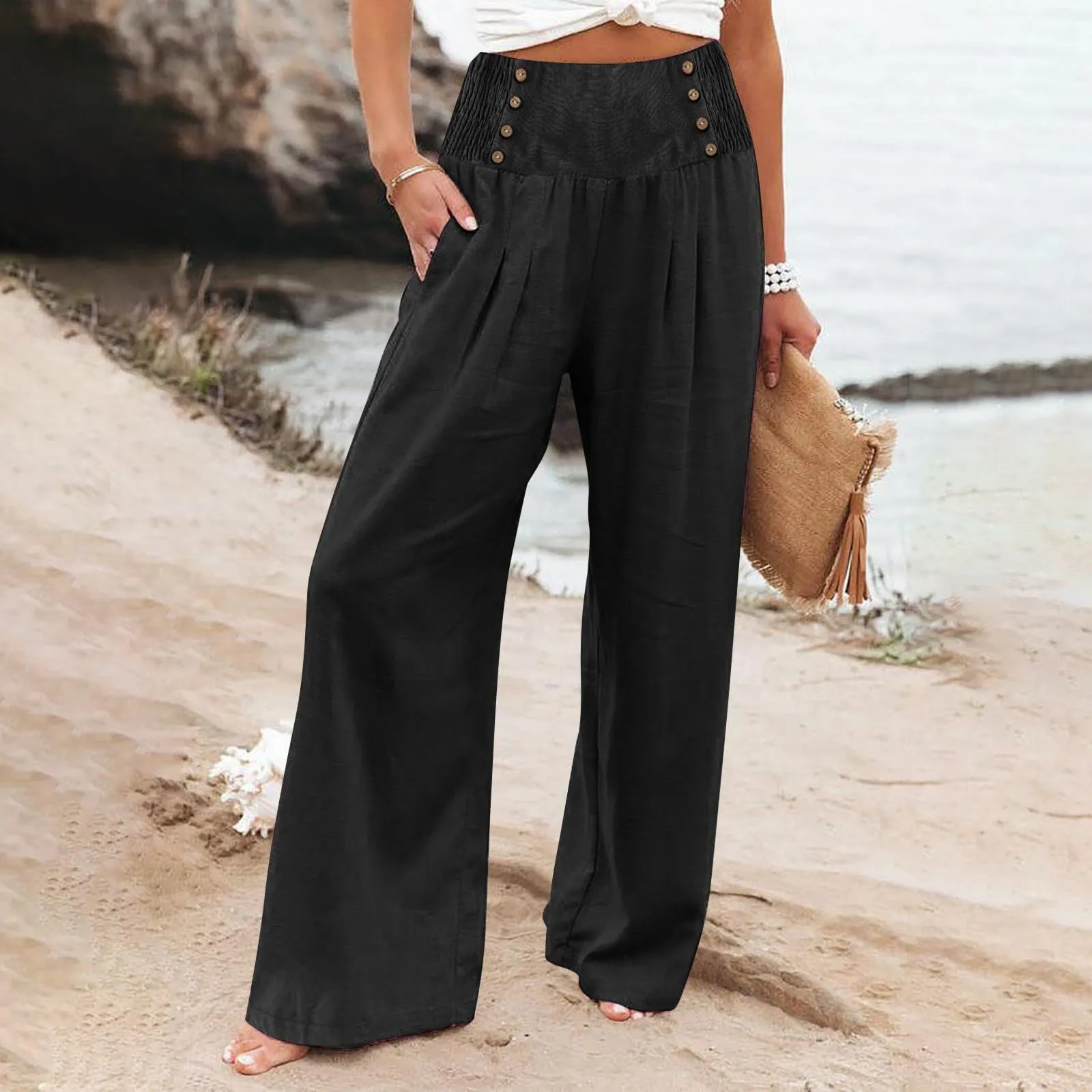 White Women Palazzo Pants Summer Double Breasted Wide Leg Baggy Trousers Pockets Fashion Party Wear High Waist Loose Trousers