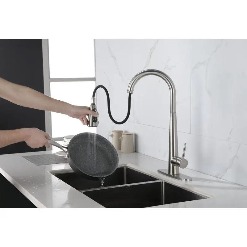 

High Arc Pull Down Kitchen Faucet, Brushed Nickel Single Handle Sink Fixture with Deck Plate, Modern Stainless Steel Commercial