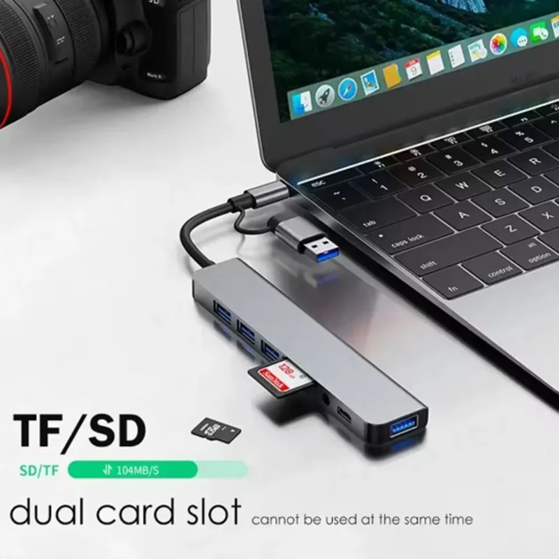    ฮับ USB C แบบ 8 in 2 พร้อมอะแดปเตอร์แจ็คเสียง 3.5 มม. ช่องอ่านการ์ด Micro SD สำหรับแล็ปท็อป แท็บเล็ต โทรศัพท์ และตัวแปลงดิสก์