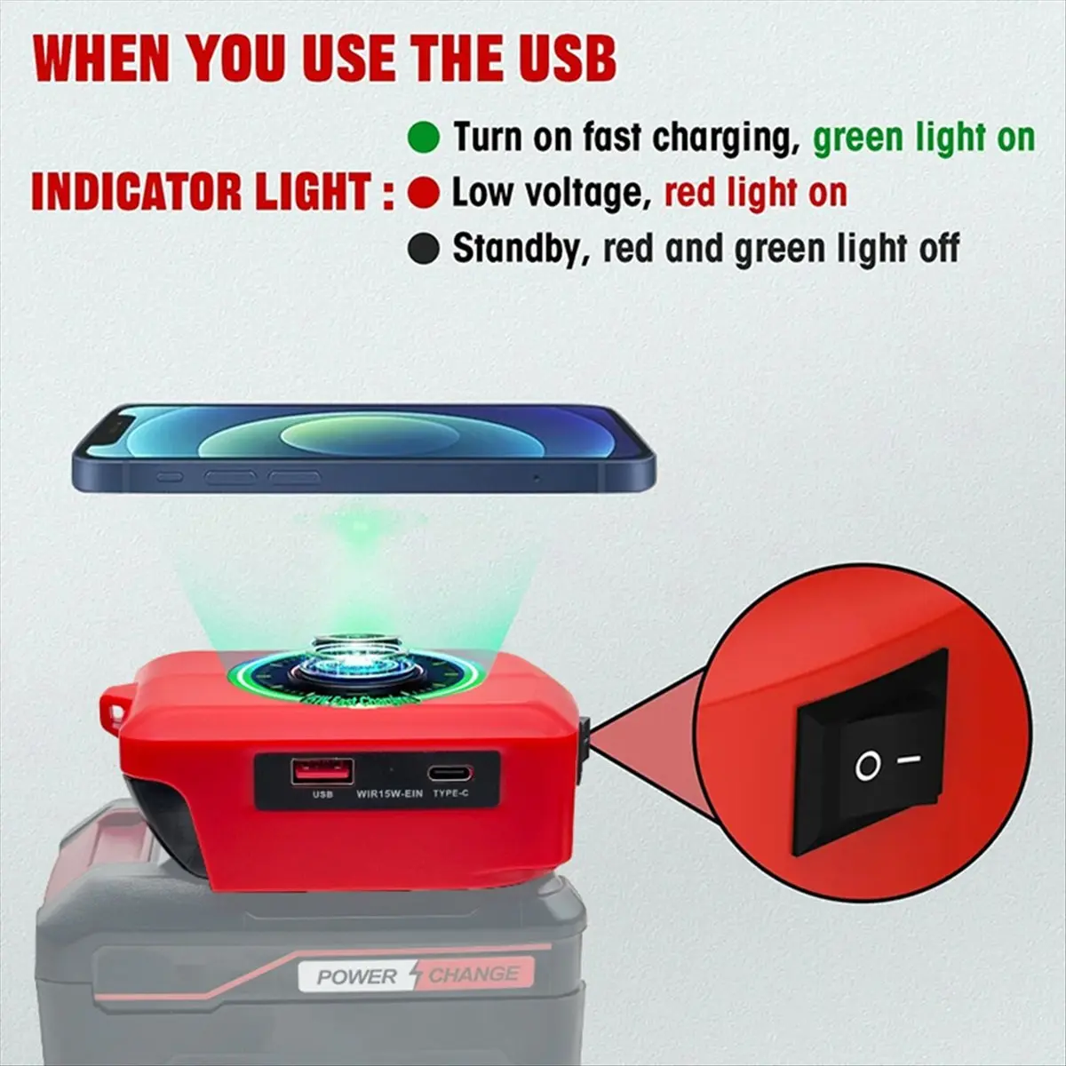 

Беспроводное зарядное устройство Y69A (адаптер) Power Bank для зарядной станции Einhell 18V Li-Ion с портами Type-C и USB