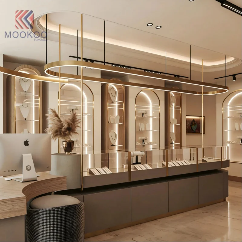 custom.Custom Brown Wood Veneer Jewelry Display Counter with Gold Metal Frame LED Illuminated Design MOOKOO