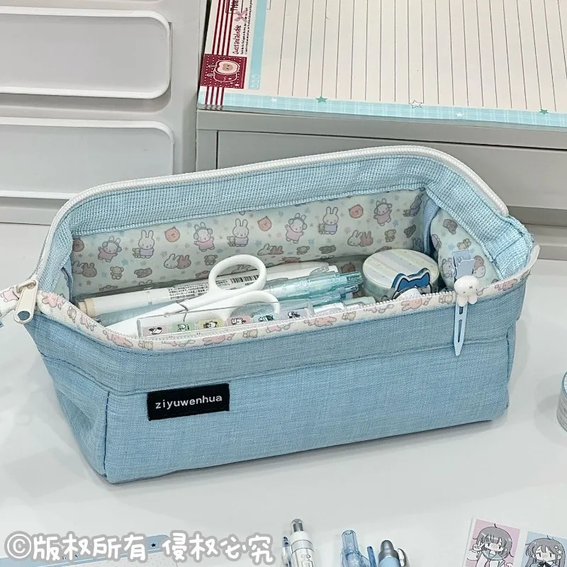 Kawaii Miffy Large Capacity Blue Tray Pencil Case Cartoon Rabbit Stationery Pouch Pen Organizer Student School Writing Supplies view 4