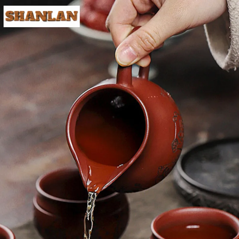 280ml Handmade Yixing Purple Clay Tea Pitcher Home Collection Raw Ore Dragon\'s Blood Sand Justice Cup Divide Chahai Zisha Teaset