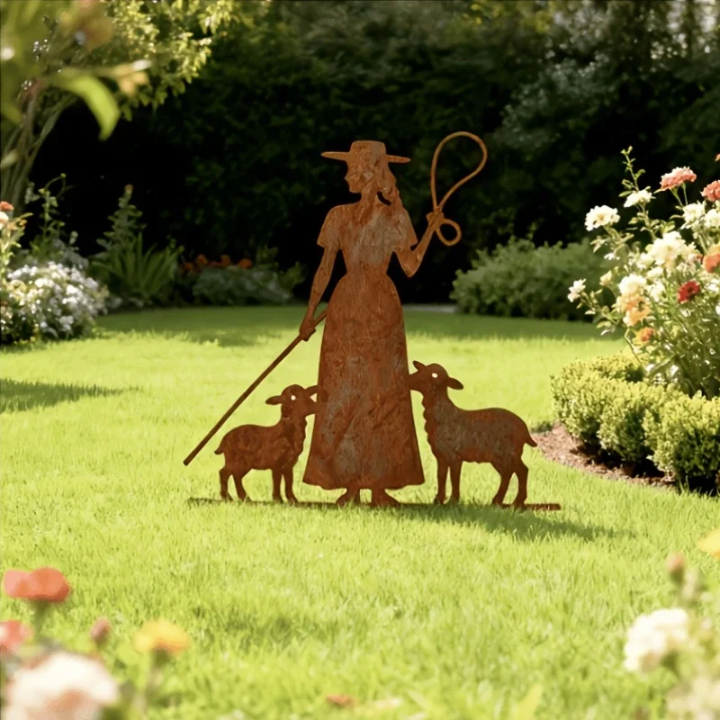 CIFBUY 1pc Rustic Rusted Shepherdess and Lamb Metal Garden Stake, Silhouette Sculpture, Waterproof Rustproof, for Yard Lawn