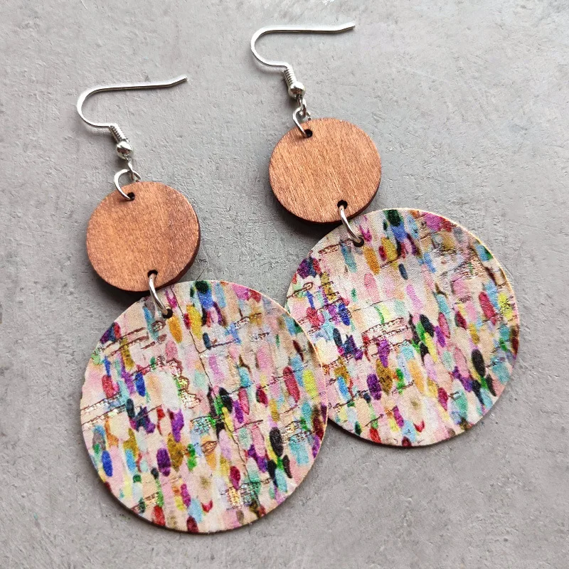 Pendientes de corcho con diseño de lunares pintados a mano para mujer, aretes redondos bohemios con retales de madera geométricos