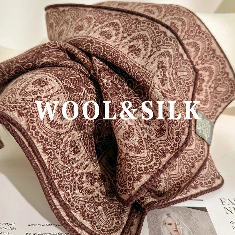 

70% Wool 30% Silk Scarves for Women Winter Vintage Ethnic Paisley Print Neck Scarves Bandanas Man Accessories