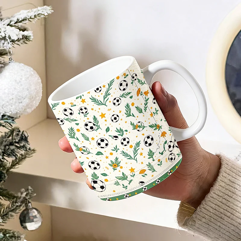 Cream Base Floral Soccer All Over Print Coffee Mug,Fresh Botanical Leaf Football Ceramic Cup,Casual Sport Style Daily Water Mug