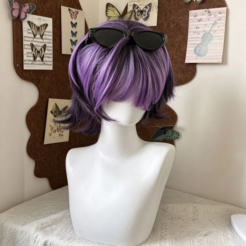 Women Short Curly Synthetic Full Wig Purple Black with Bangs Rose Mesh Cap Realistic Synthetic Hair for Daily Cosplay Party Wear