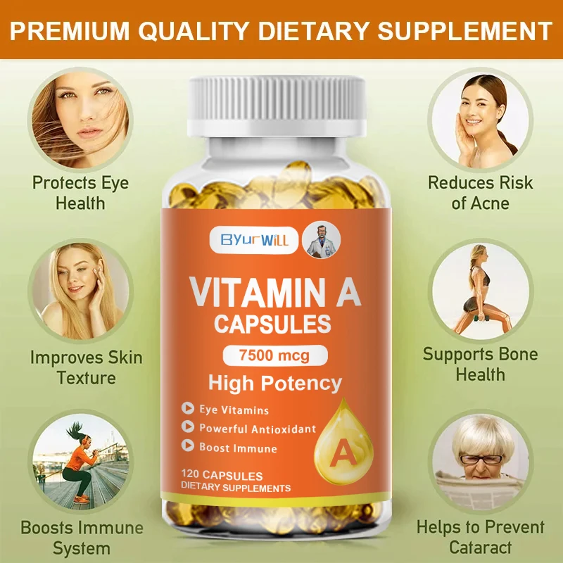 ByurWill Eyes Vitamin A Supplement , 7500mcg, Improve Vision, Resist Fatigue Improve Eyes Clarity Promote Growth and Development