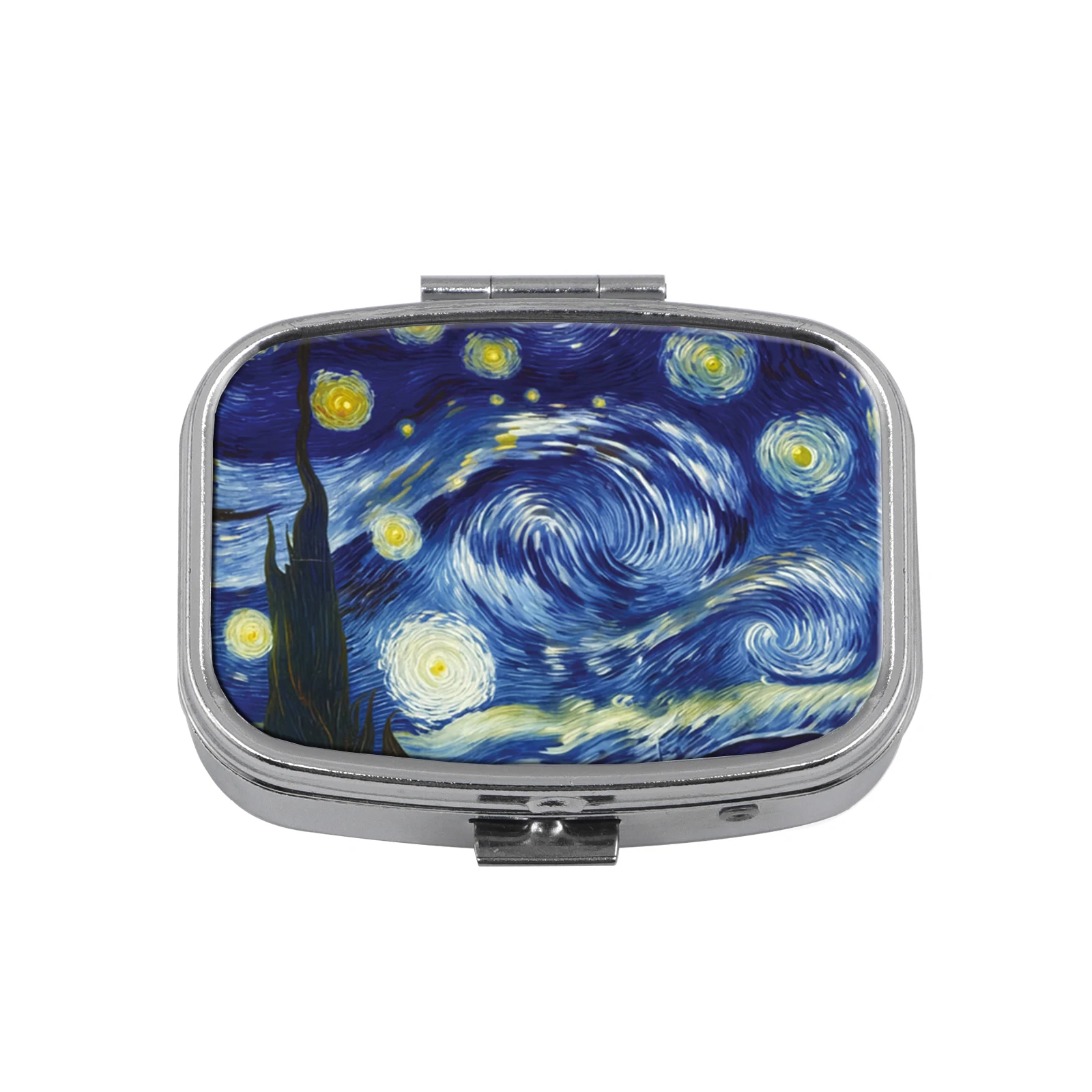 2 Compartments Metal Pill Box, Van Gogh Starry Sky Print Portable Pocket Pill Case, Mini Travel Medicine Container