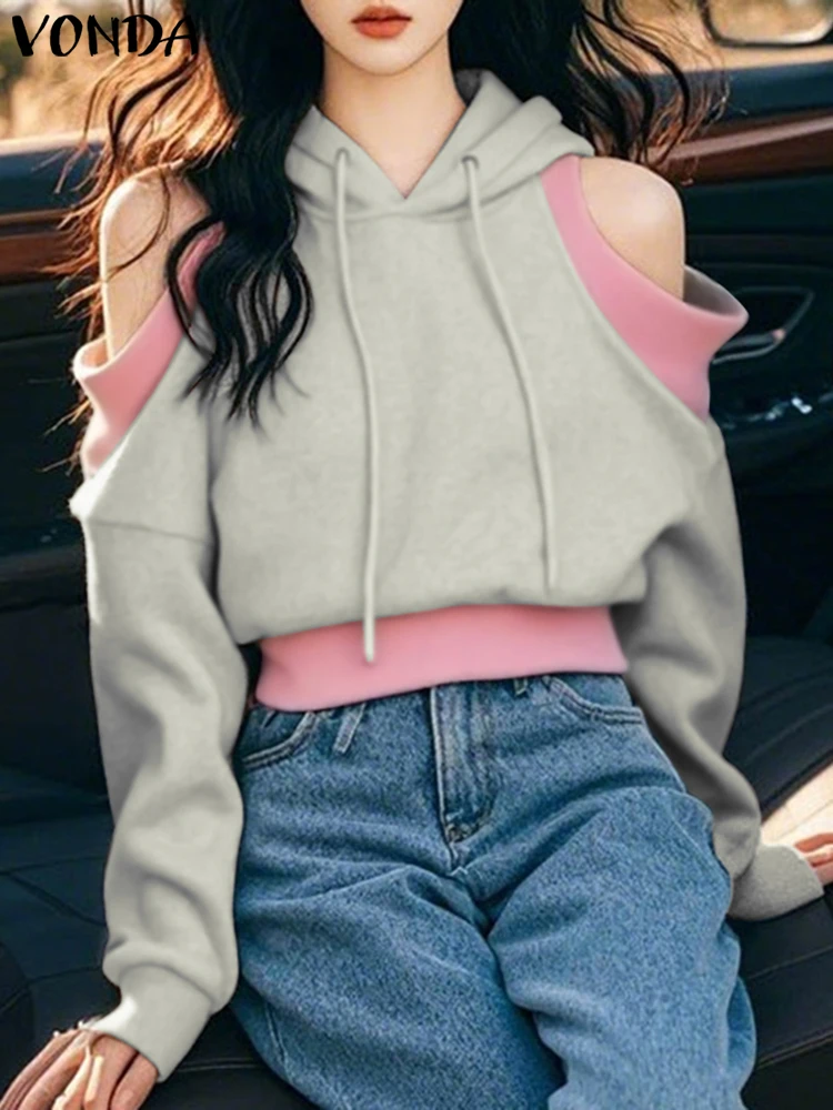 

VONDA Women Hooded Sweatshirts 2024 Casual Long Sleeve Pullovers Korean Sweety Off-The-Shoulder Patchwork Jumpers Oversized