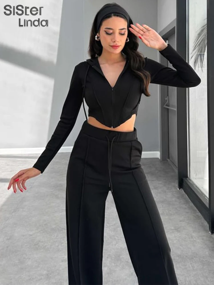 

Sisterlinda Autumn Release Junior Ankle-Length High Street Pants Suit K24S54999 Girl Knit Solid Expose Waist Hooded Pants Suit