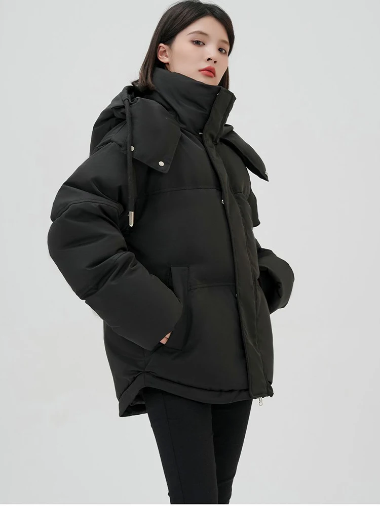 Winter Cotton Padded Puffer Parka Women Thick Warmer Loose Hooded Jacket Long Sleeve Pocket Zipper Coat Outerwear Female