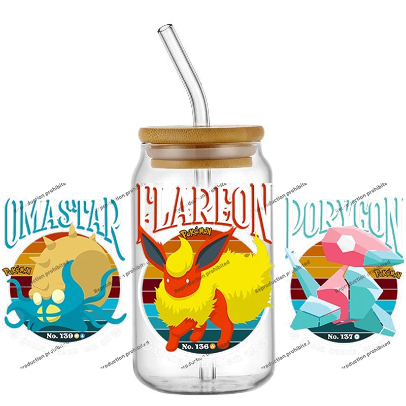 Popular Retro Classics Pokemon UV DTF 3D Pikachu Sticker New 16oz Glass Can Cup Mug Coffee Car Transfer Wrap DIY Decals