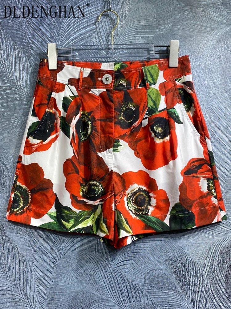 

DLDENGHAN Spring Cotton Sicily Shorts Women's Sea Anemone Floral Print Beach Style Vacation Shorts Fashion Designer New